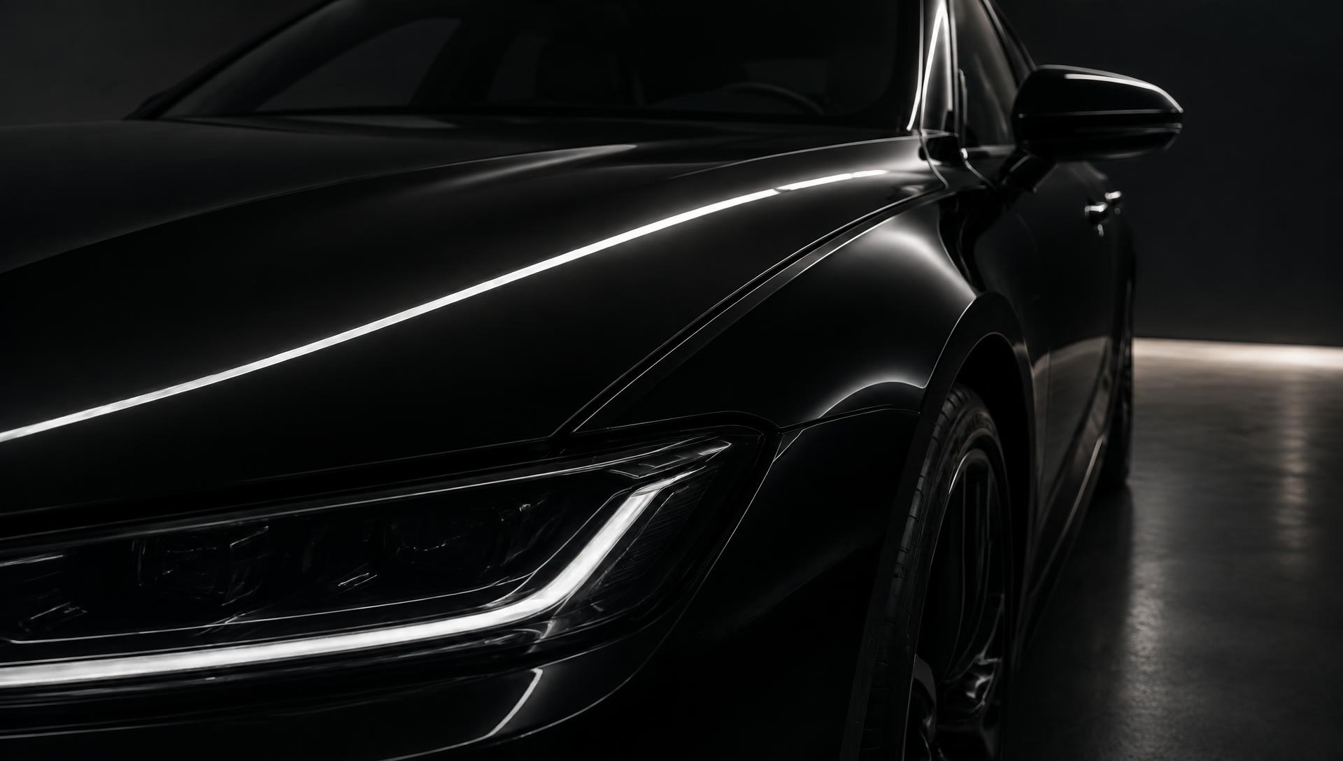 The front of a black car in a dark studio, a single line of light running the length of the bonnet.