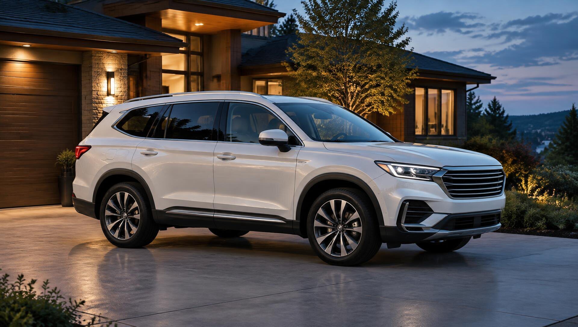 A clean pearl white SUV parked in a residential driveway at dusk, house lights glowing behind.