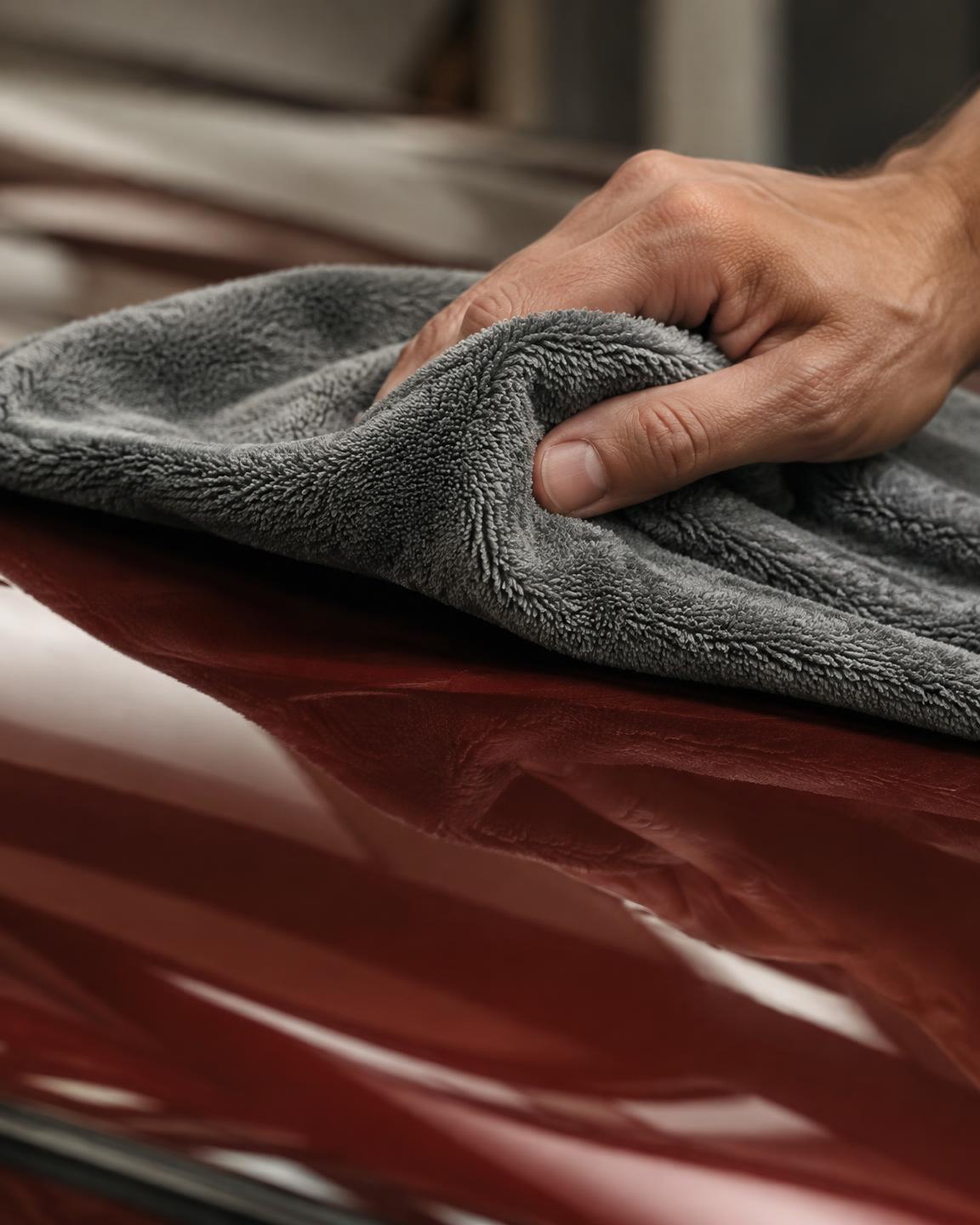A hand folding a plush grey microfibre towel over glossy deep red paint.